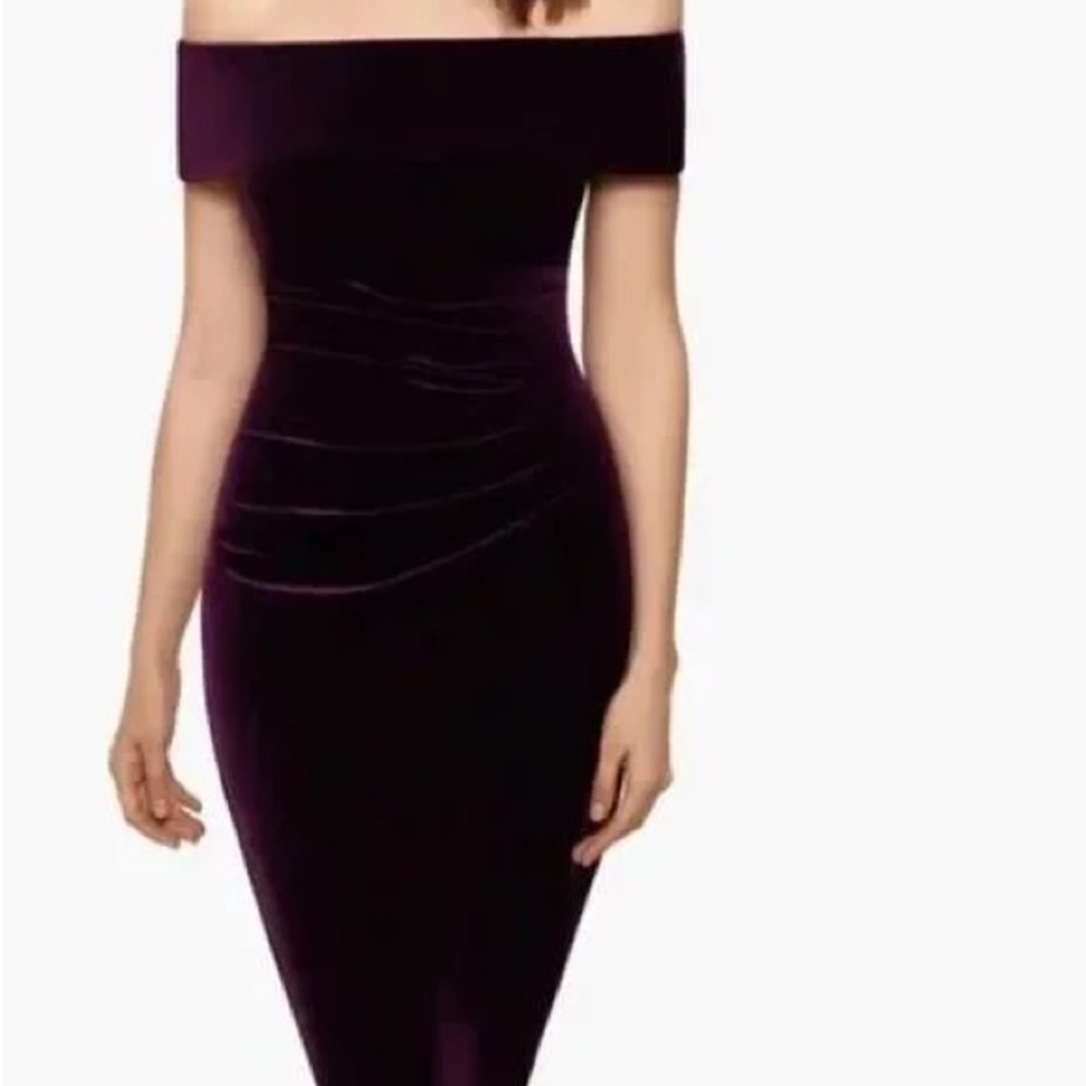 NWT Xscape Elegant Off-Shoulder Burgundy Velvet Midi Dress